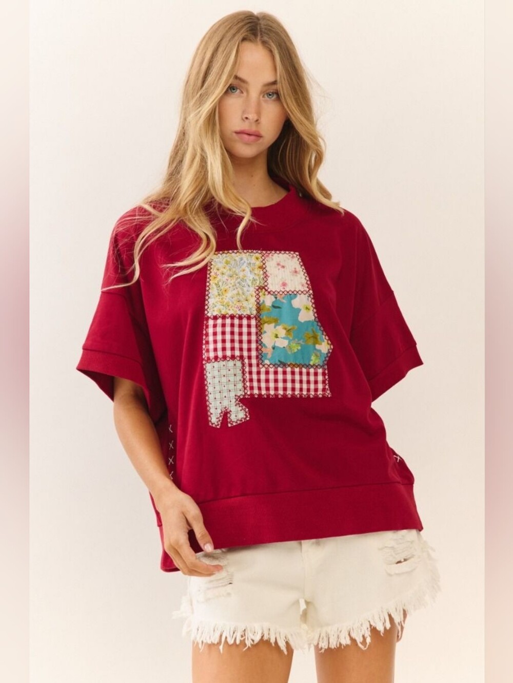 GAME day Alabama Red Patchwork Graphic Short Sleeve Top